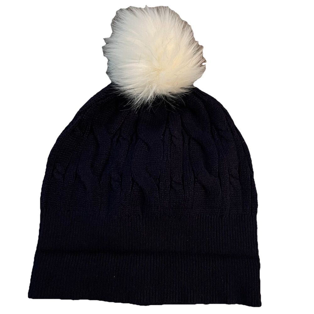 Talbots Women’s Beenie Cap Cable Knit Faux Fur Navy Blue‎
